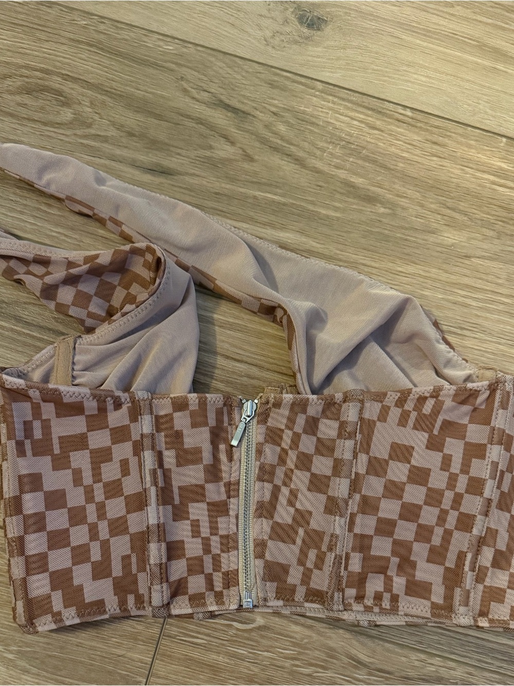 White Fox Small / Medium Brown Checkered Halter Crop Top Pants Set 2 Piece - Picture 4 of 10